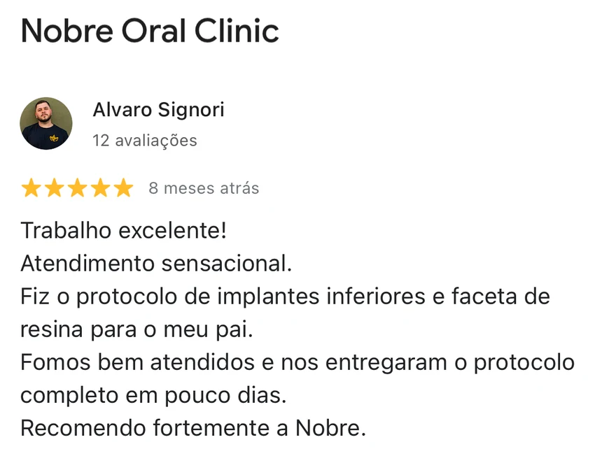 Avaliação 5 estrelas de paciente da Nobre Oral Clinic no Google