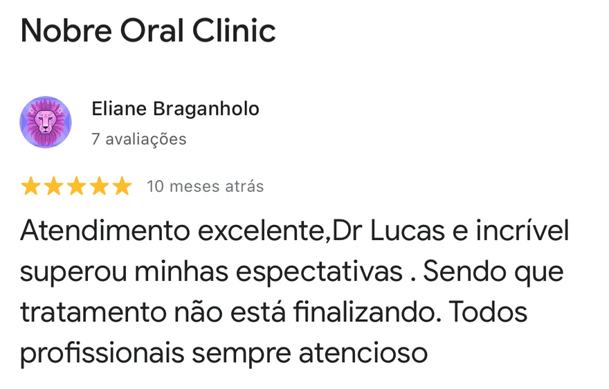 Avaliação 5 estrelas de paciente da Nobre Oral Clinic no Google