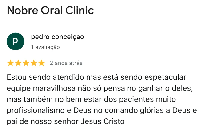 Avaliação 5 estrelas de paciente da Nobre Oral Clinic no Google