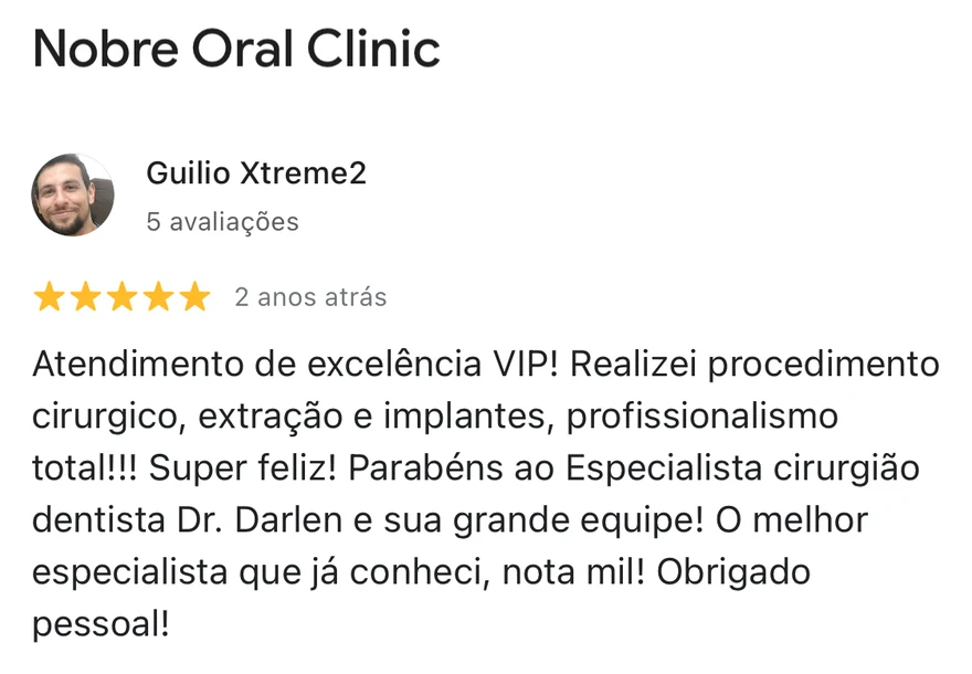 Avaliação 5 estrelas de paciente da Nobre Oral Clinic no Google